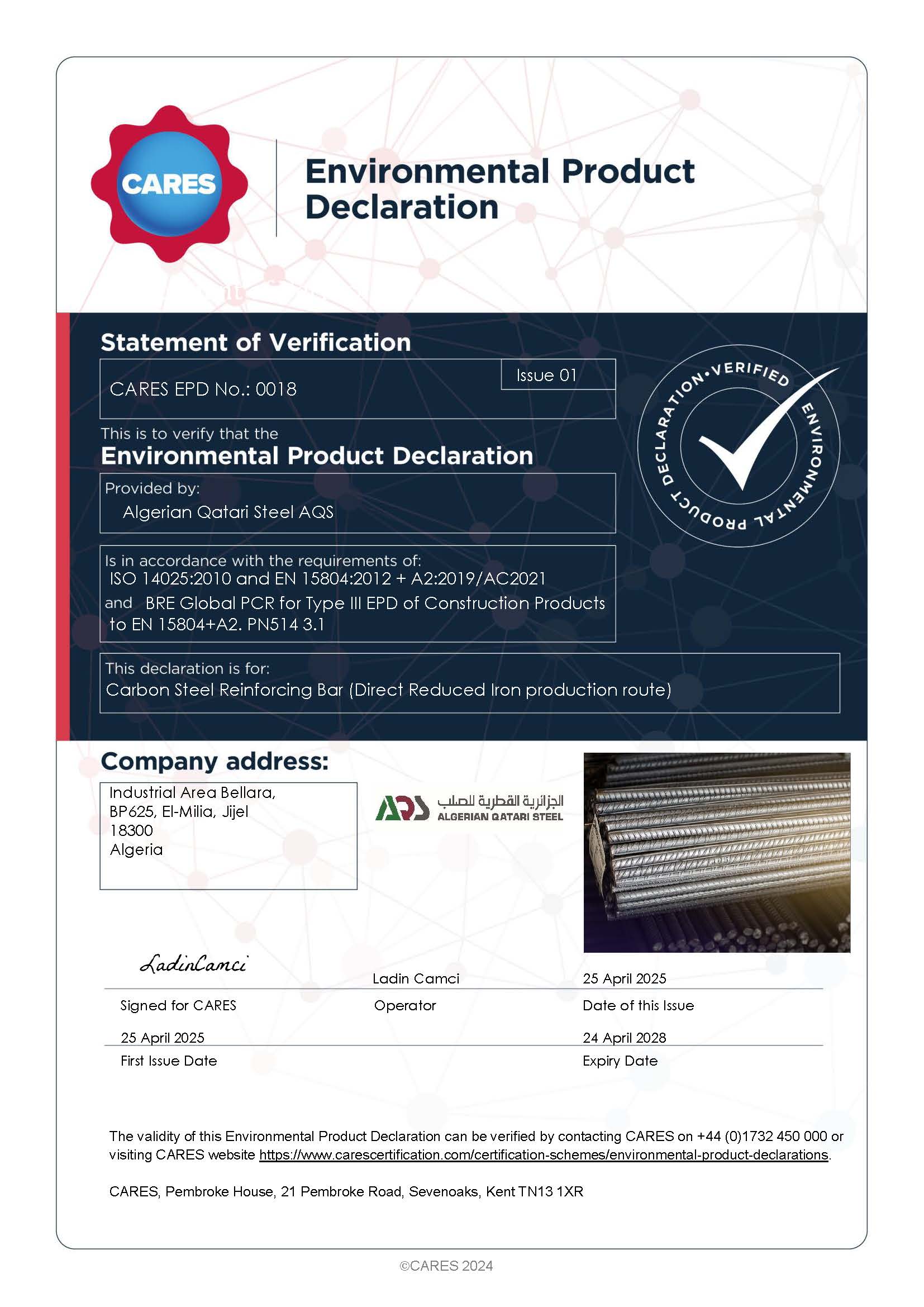 SPA Algerian Qatari Steel AQS (Site Closed) EPD